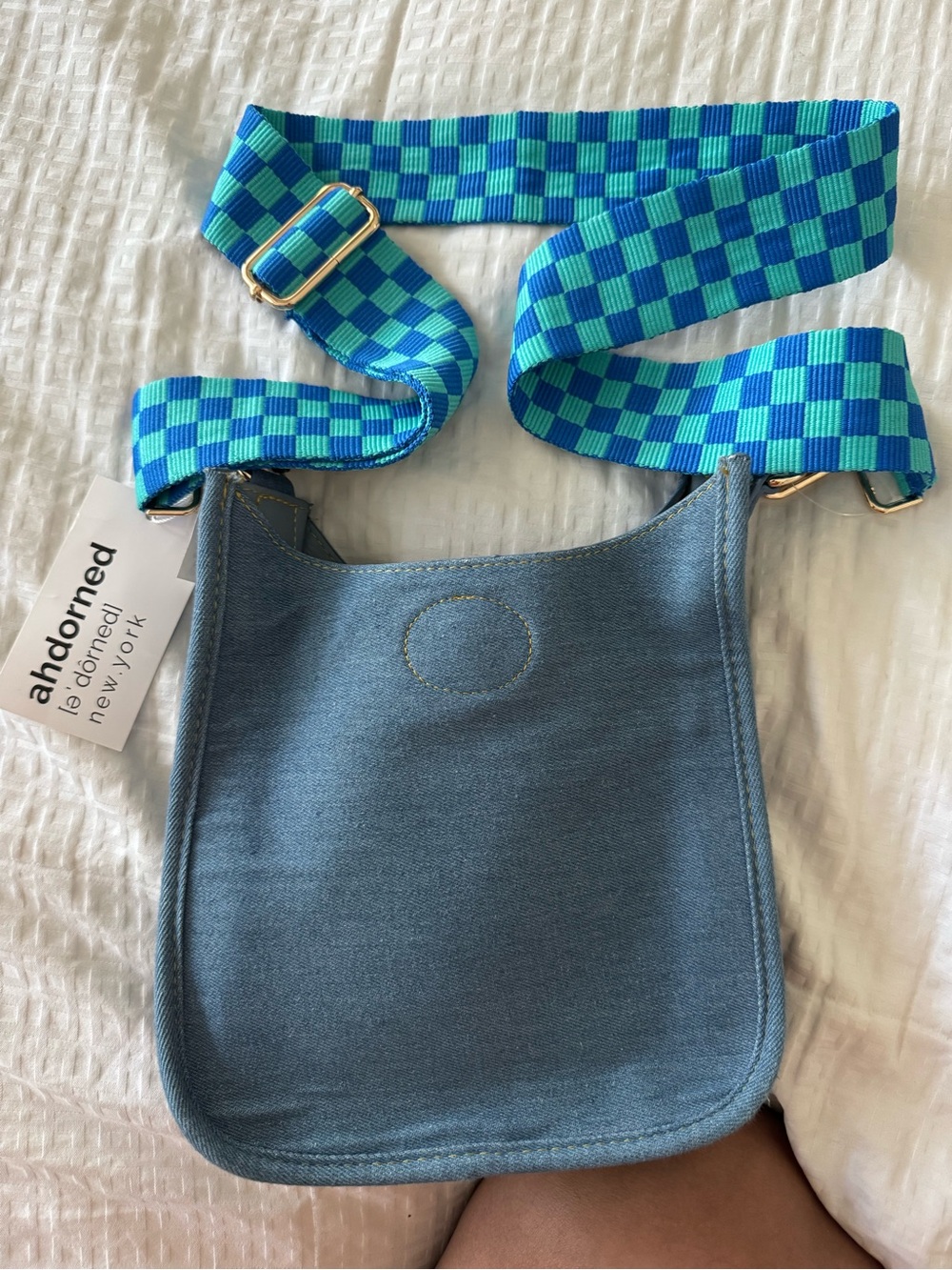 ahdorned New York Blue Denim Crossbody Bag with Blue-Green Check Strap